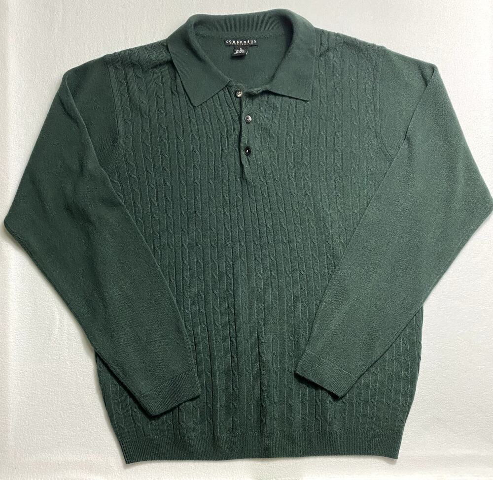TG Consensus Sportswear Men's XL Long Sleeve Knit Polo Sweater Green Cable Rib